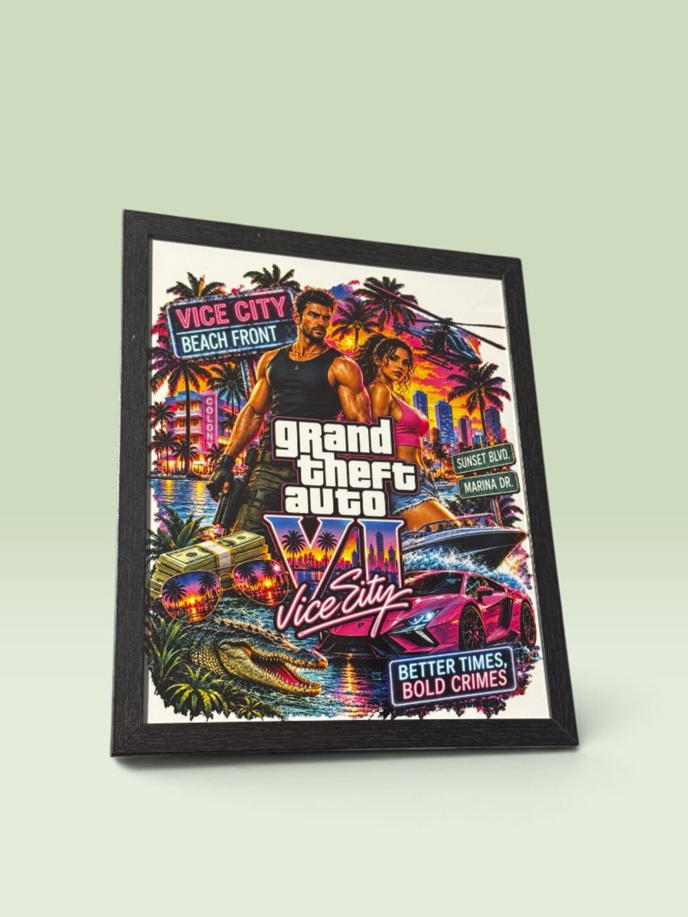 GTA VI Vice City Framed Poster, Black Frame Wall Art Print